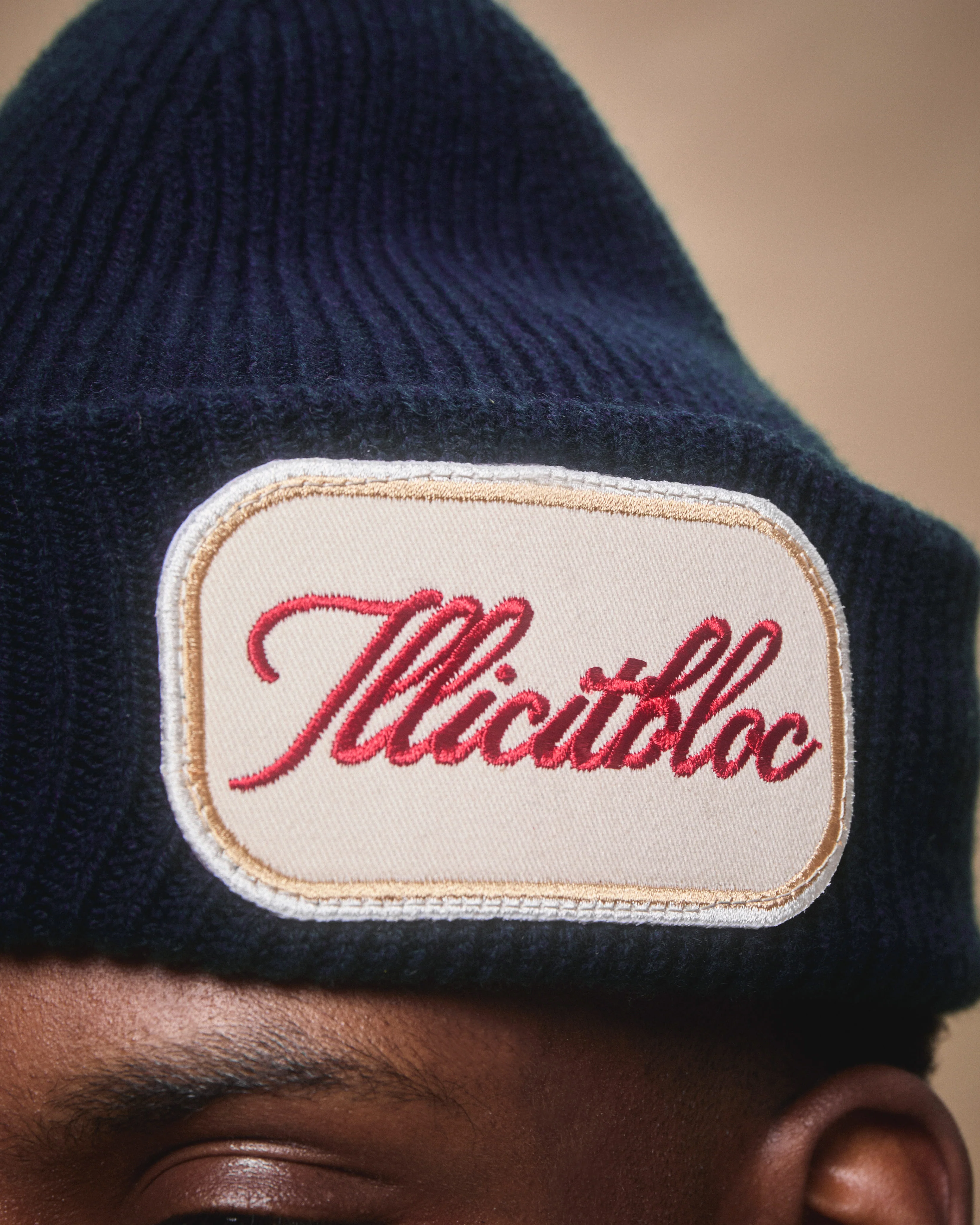 PATCHWORK LAMBSWOOL BEANIE - NAVY - Image 3